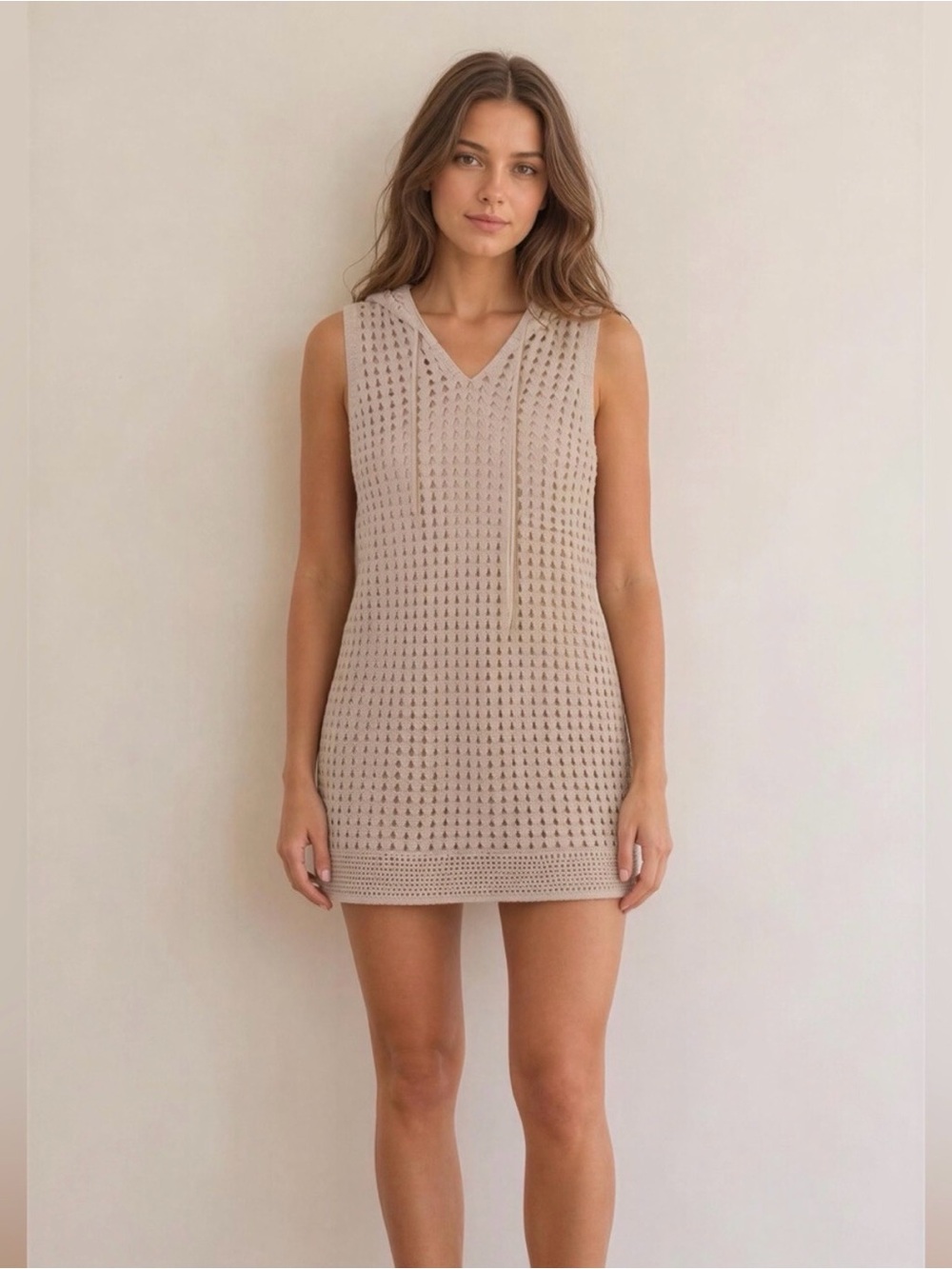 Atelier Nicole Miller Sleeveless Cream Crochet knit hoodie